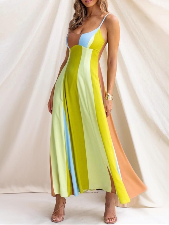 Lovely Rosetta Dresses & Skirts - Sleeveless Colorblock Maxi Dress in Lemon Lime